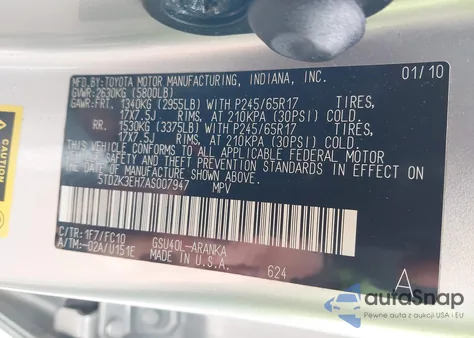 2010 Toyota Highlander Base V6 from USA, damaged, VIN 5TDZK3EH7AS007947